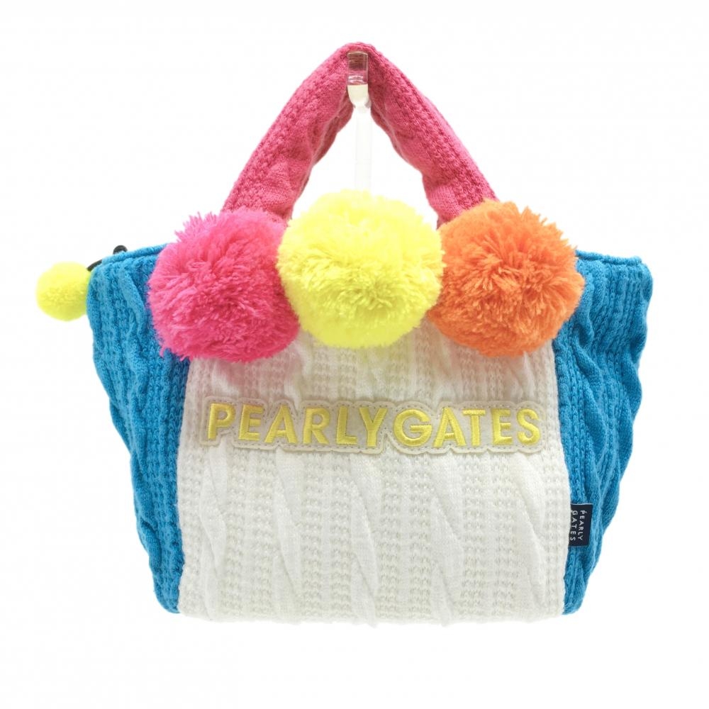【美品】パーリーゲイツ カートバッグ ブルー×白 ケーブル編み ポンポン付 内ポケット ゴルフ PEARLY GATES