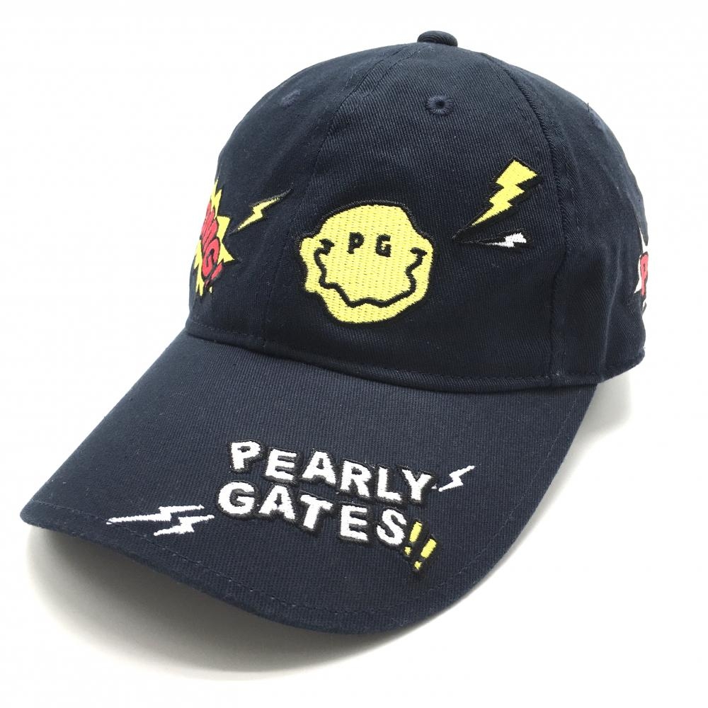 【超美品】パーリーゲイツ キャップ ネイビー×イエロー ニコちゃん スマイル 汗取りパッド付 FR   ゴルフウェア PEARLY GATES