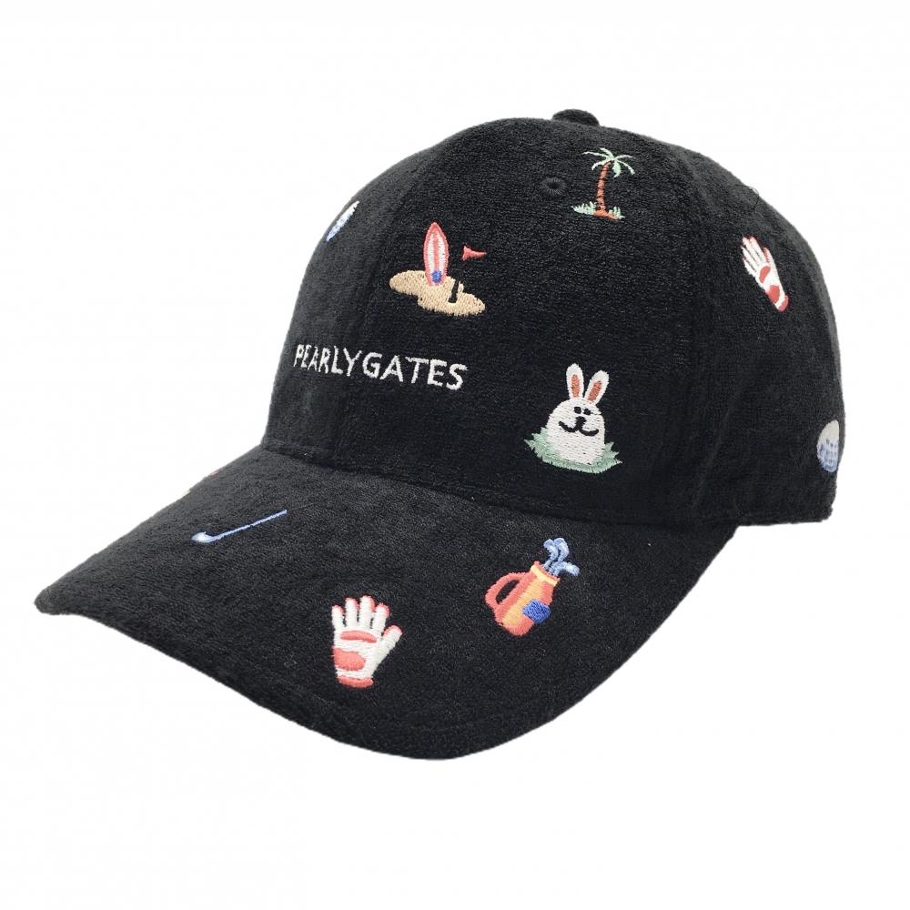【超美品】パーリーゲイツ キャップ 黒×マルチカラー 総柄刺しゅう ウサギ ヤシの木 パイル地 FR   ゴルフウェア PEARLY GATES