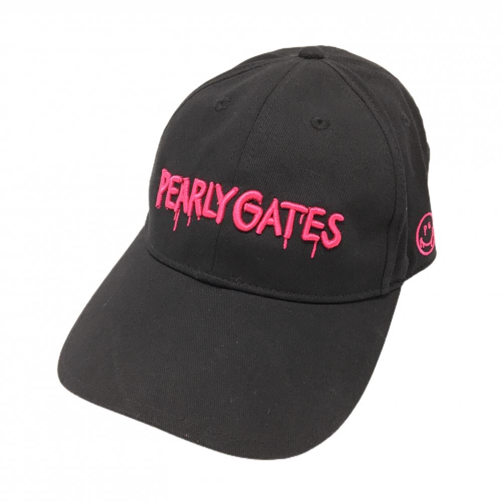 【美品】パーリーゲイツ キャップ 黒×ピンク ニコちゃん スマイル 汗取りパッド付  FR   ゴルフウェア PEARLY GATES