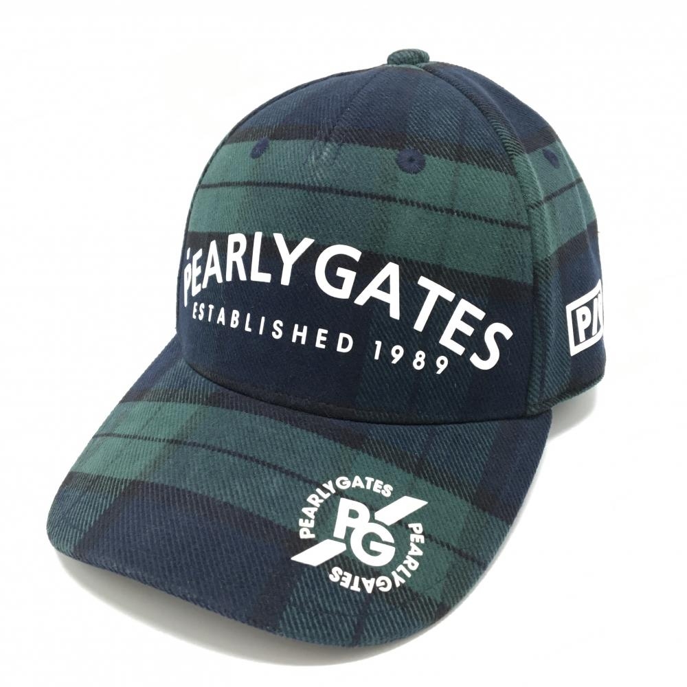 【美品】パーリーゲイツ キャップ ネイビー系×グリーン系×白 チェック フロントロゴ  FR   ゴルフウェア PEARLY GATES