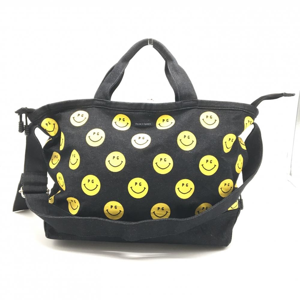 【美品】パーリーゲイツ 2WAYビッグトートバッグ 黒×イエロー ニコちゃん総柄 デニム スマイルゴルフ PEARLY GATES