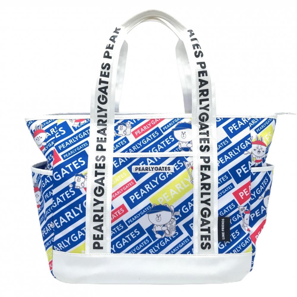 【美品】パーリーゲイツ×LINE FRIENDS ロッカーバッグ 白×ブルー ロゴ総柄 ビッグトートバッグ 複数ポケット ゴルフ PEARLY GATES