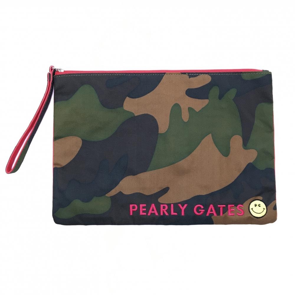 パーリーゲイツ ポーチ ダークグリーン×ブラウン 迷彩 カモフラ ニコちゃん スマイル クラッチバッグ  ゴルフ PEARLY GATES