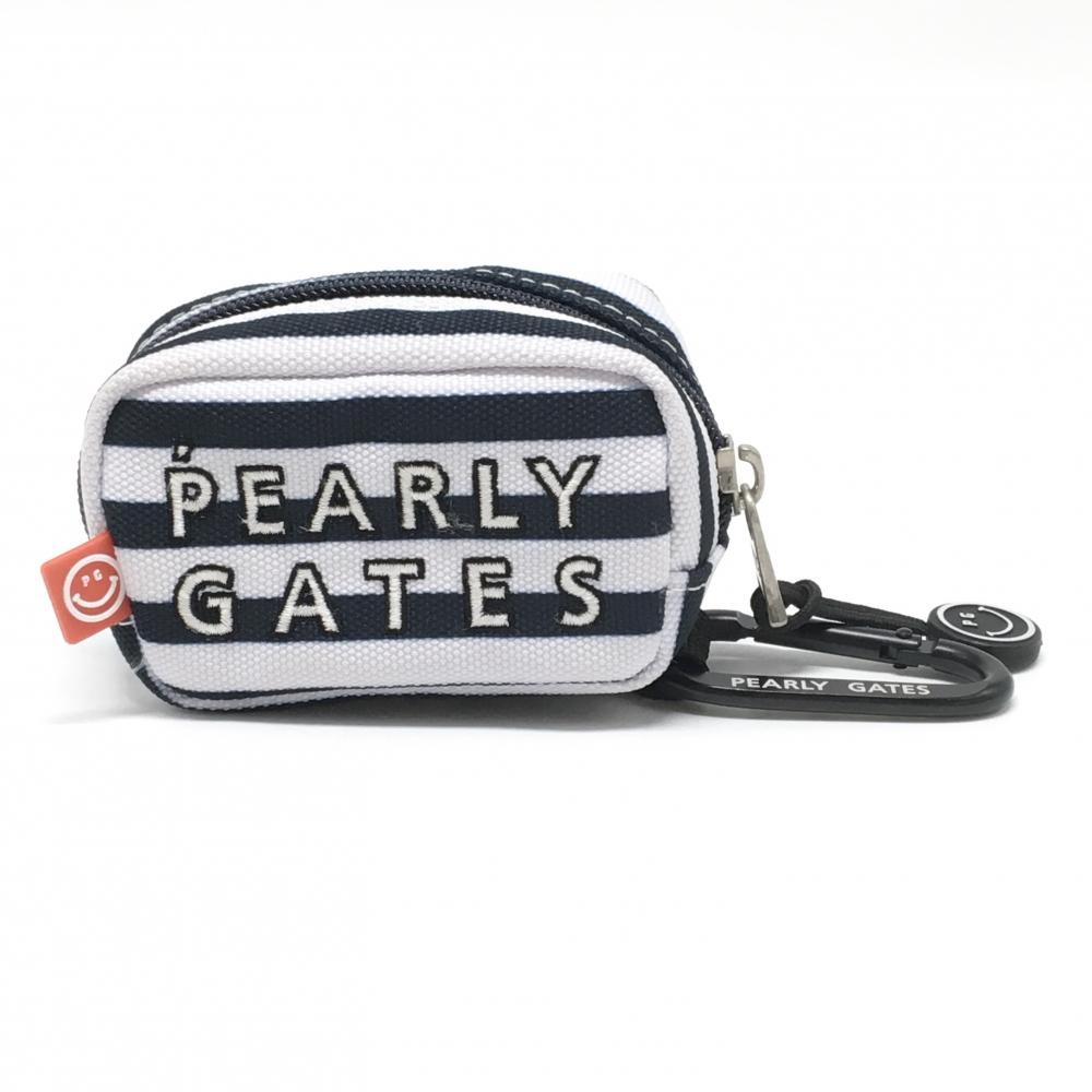 【超美品】パーリーゲイツ ボールケース 白×ネイビー ボーダー カラビナ付 ニコちゃん スマイル ゴルフ PEARLY GATES
