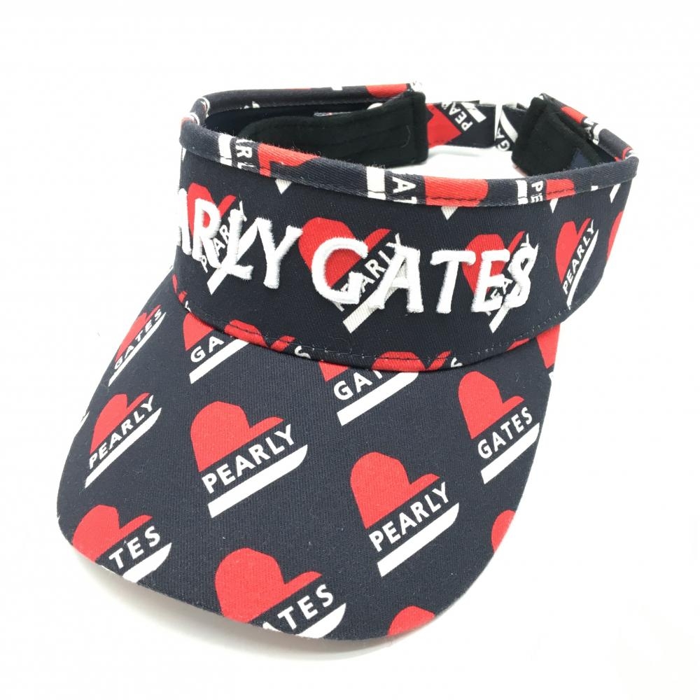 【美品】パーリーゲイツ サンバイザー ネイビー×レッド ハート総柄 立体ロゴ刺しゅう 汗取りパッド付 FR  ゴルフウェア PEARLY GATES