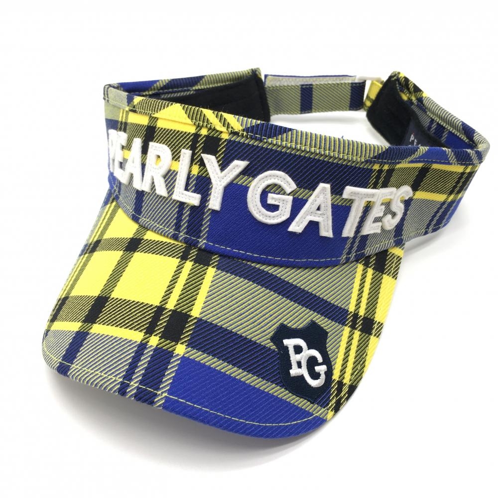 【美品】パーリーゲイツ サンバイザー ブルー×イエロー チェック フェルトロゴ FR  ゴルフウェア PEARLY GATES