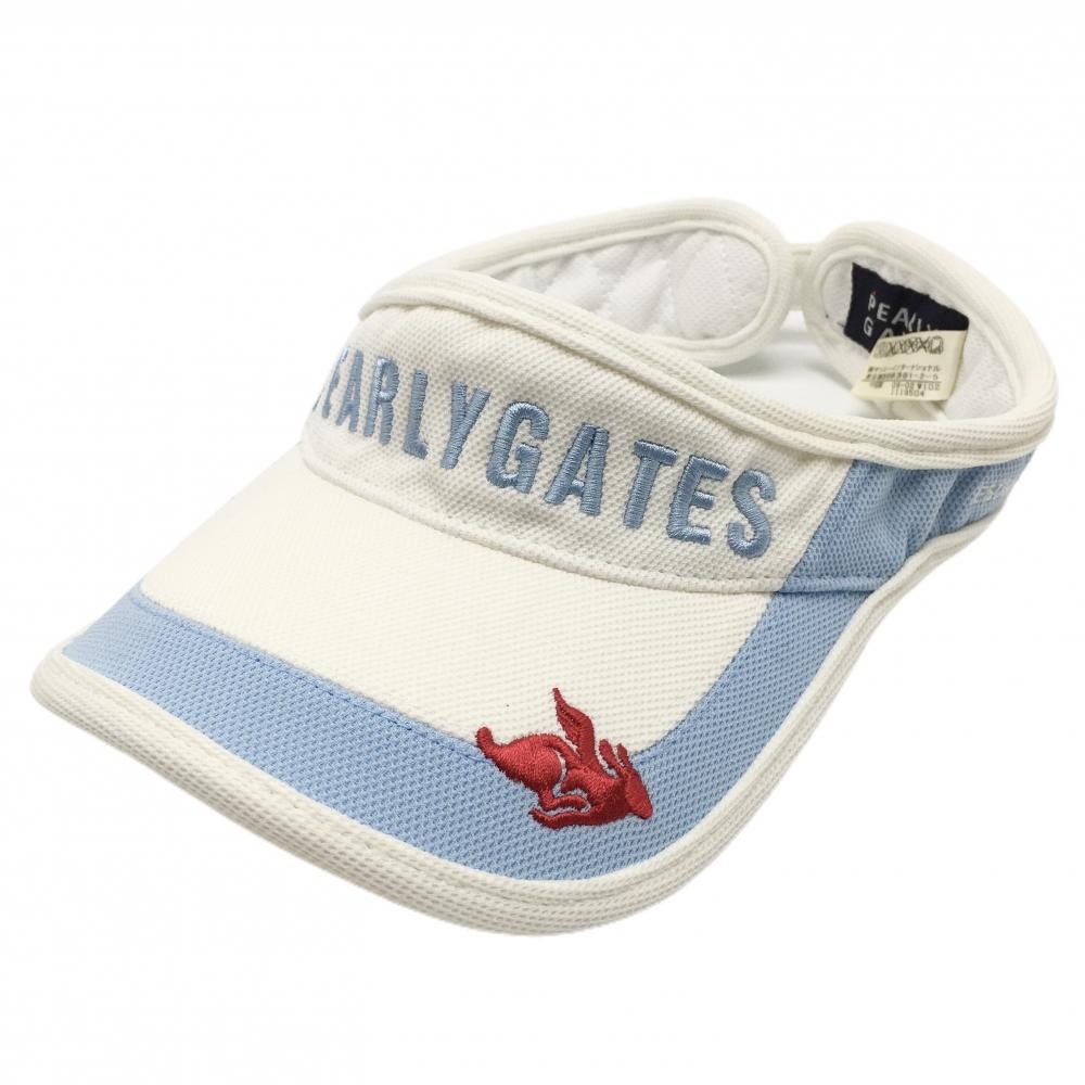 【美品】パーリーゲイツ サンバイザー 白×ライトブルー フライングラビット ロゴ刺しゅう M  ゴルフウェア PEARLY GATES