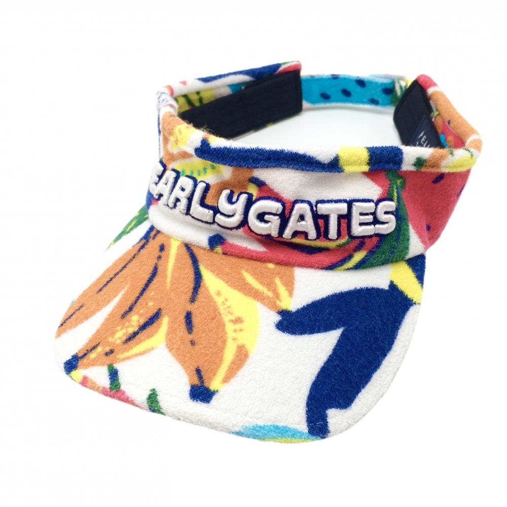 【美品】パーリーゲイツ サンバイザー 白×マルチカラー 総柄 パイル地 立体ロゴ FR  ゴルフウェア PEARLY GATES