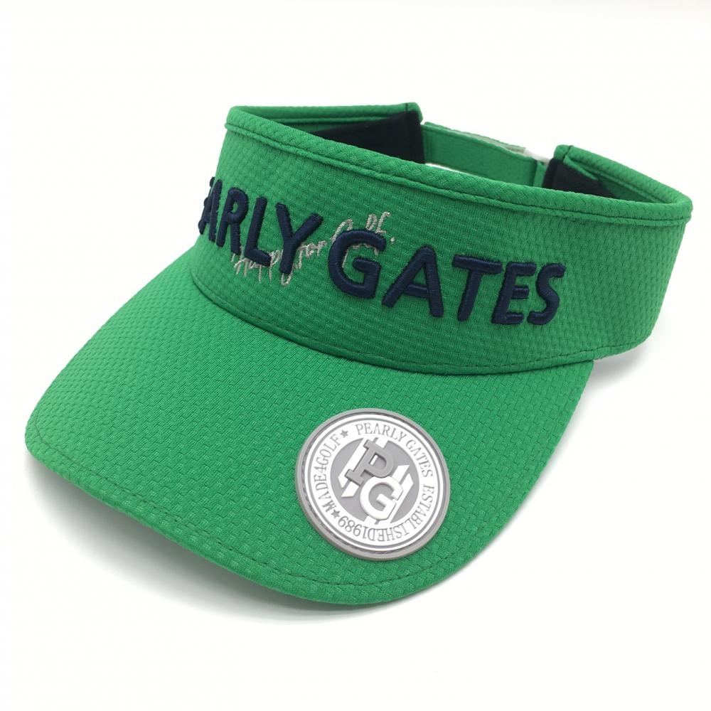 【超美品】パーリーゲイツ サンバイザー グリーン×ネイビー 立体ロゴ シリコンワッペン   ゴルフウェア PEARLY GATES