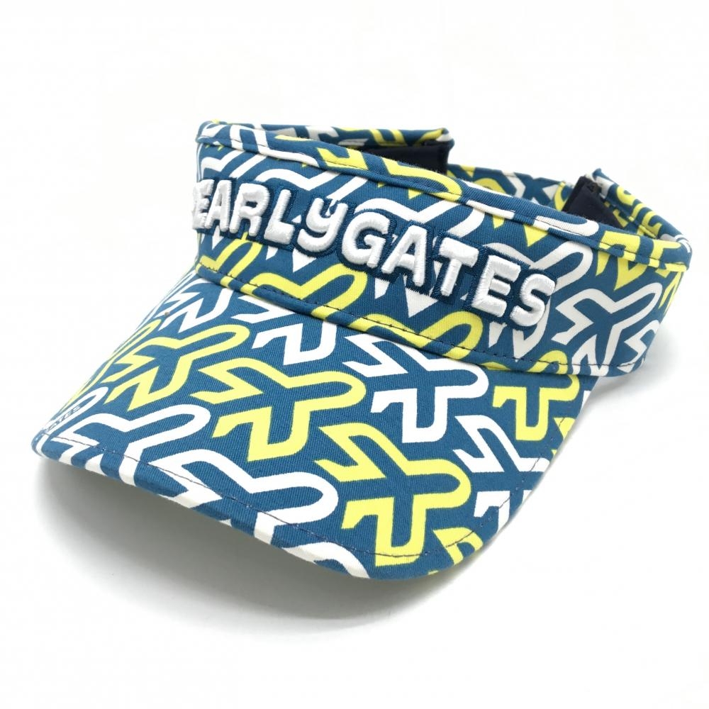 パーリーゲイツ サンバイザー ブルー系×イエロー×白 飛行機総柄 FR   ゴルフウェア PEARLY GATES