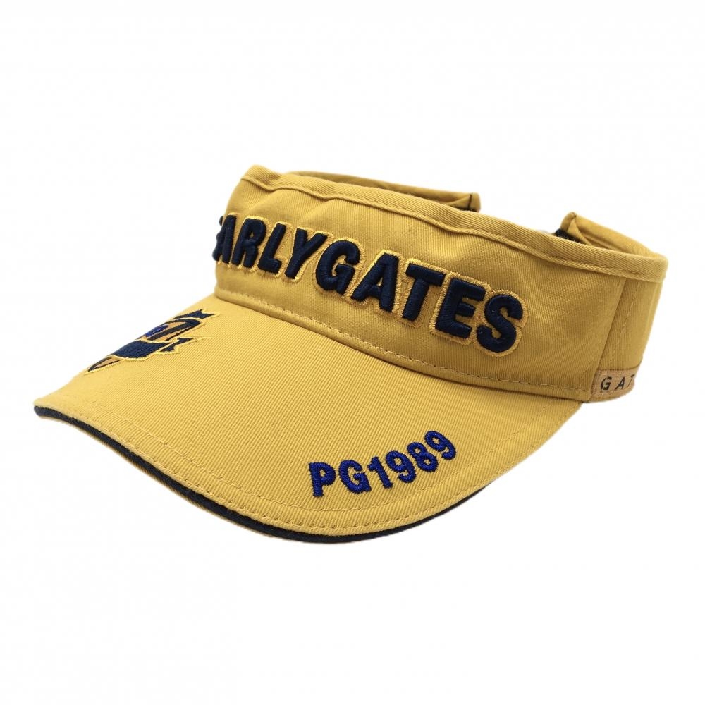 【美品】パーリーゲイツ サンバイザー マスタードイエロー×ネイビー 立体ロゴ 汗取りパッド付  FR   ゴルフウェア PEARLY GATES
