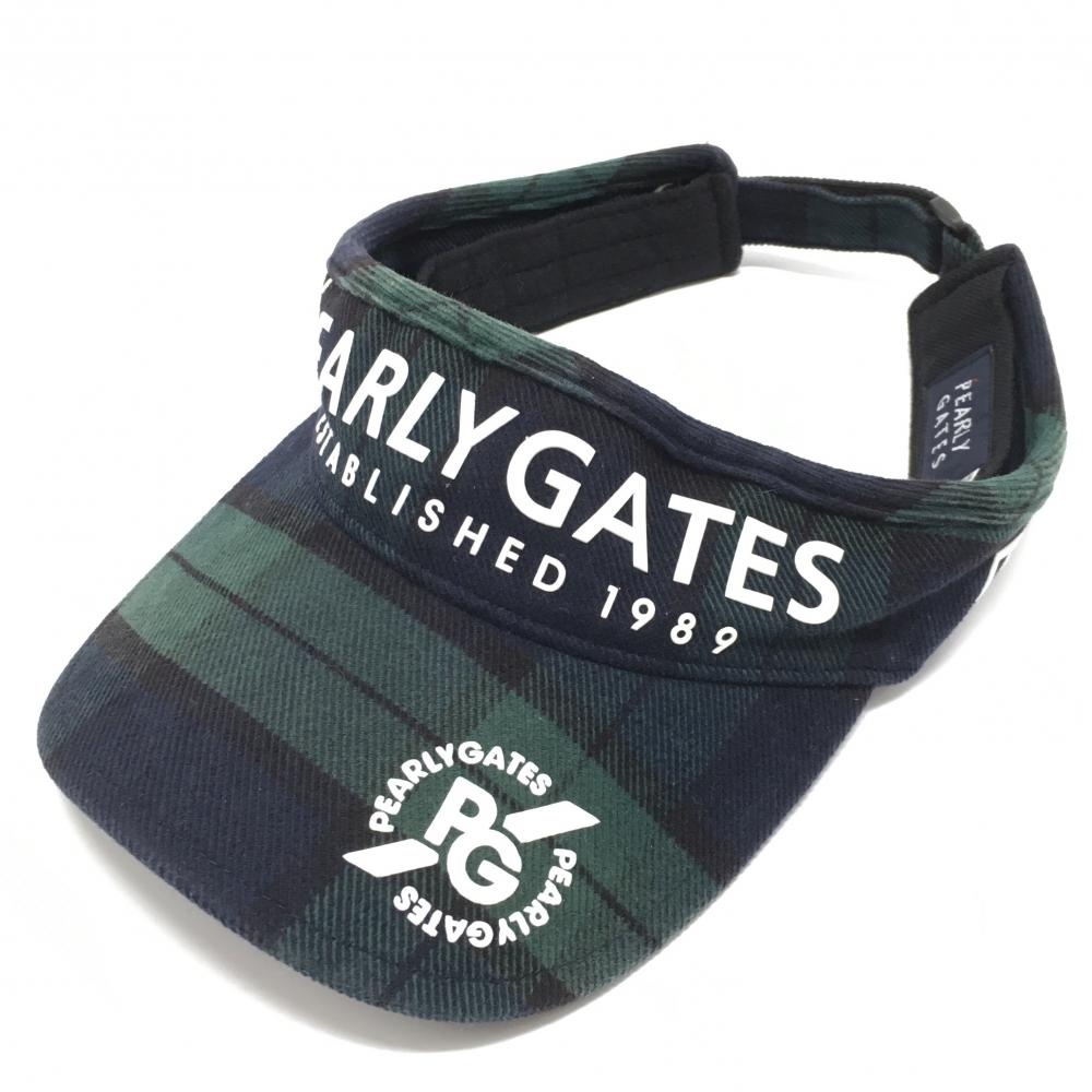 パーリーゲイツ サンバイザー ネイビー×グリーン チェック ロゴプリント 汗取りパッド付 FR   ゴルフウェア PEARLY GATES