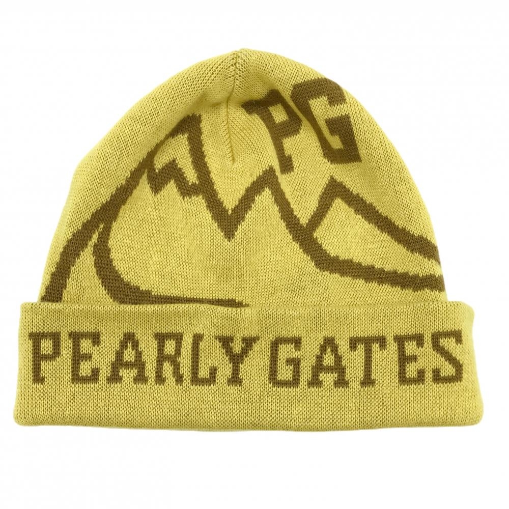 【超美品】パーリーゲイツ ニット帽 イエロー×ブラウン ウール混 ロゴ FR  ゴルフウェア PEARLY GATES