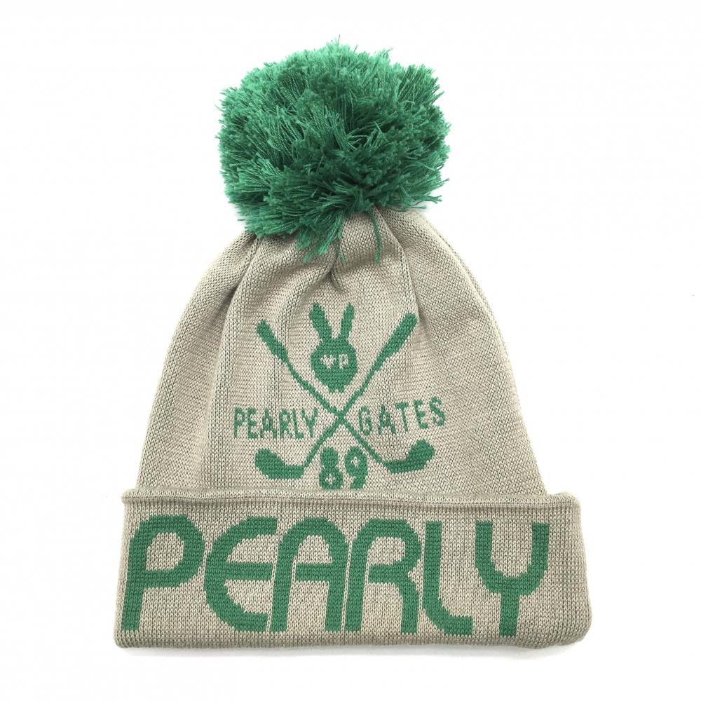 【美品】パーリーゲイツ ニット帽 ベージュ×グリーン ロゴ ポンポン付  FR  ゴルフウェア PEARLY GATES