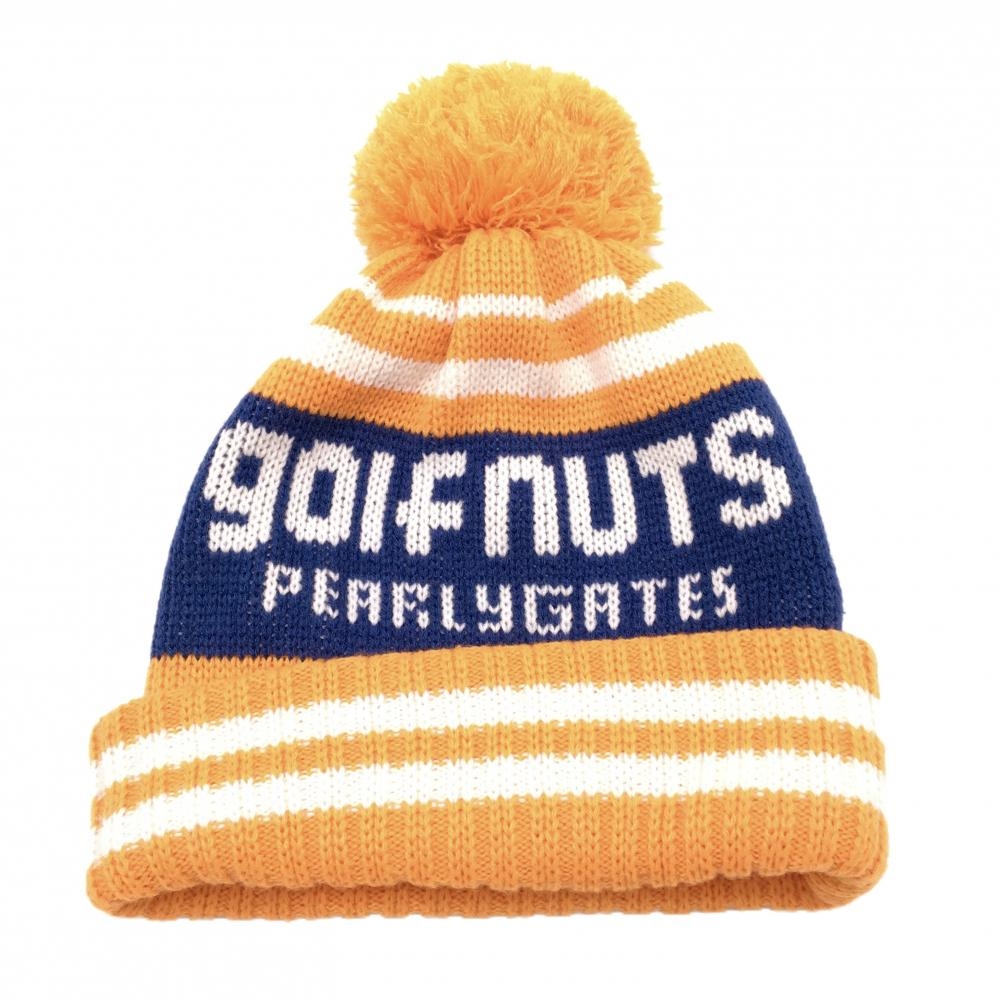 【超美品】パーリーゲイツ ニット帽 オレンジ×ネイビー×白 ボーダー調 ボンボン付き ウール混 FR  ゴルフウェア PEARLY GATES