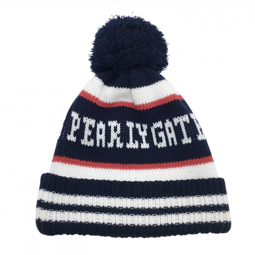【超美品】パーリーゲイツ ニット帽 ネイビー×白 ボーダー風 ボンボン付 FR  ゴルフウェア PEARLY GATES