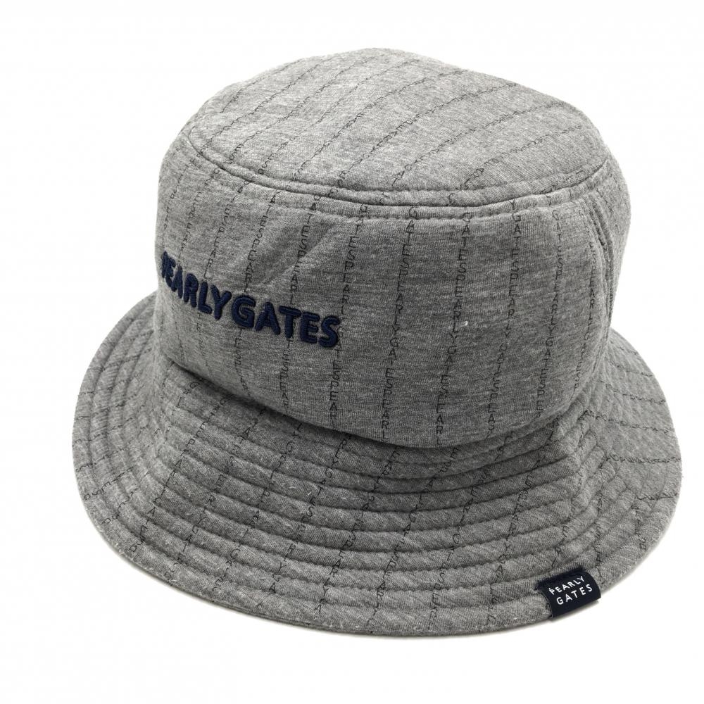 【美品】パーリーゲイツ バケットハット グレー×ネイビー ロゴストライプ 汗取りパッド付 FR   ゴルフウェア PEARLY GATES