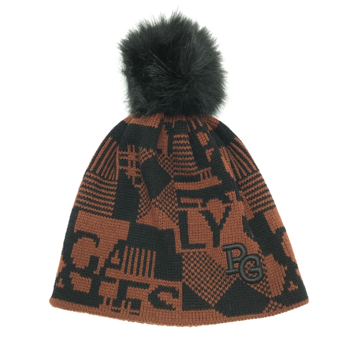 【超美品】パーリーゲイツ ニット帽 ブラウン×黒 総柄 ウール混 ポンポン付 FR   ゴルフウェア PEARLY GATES