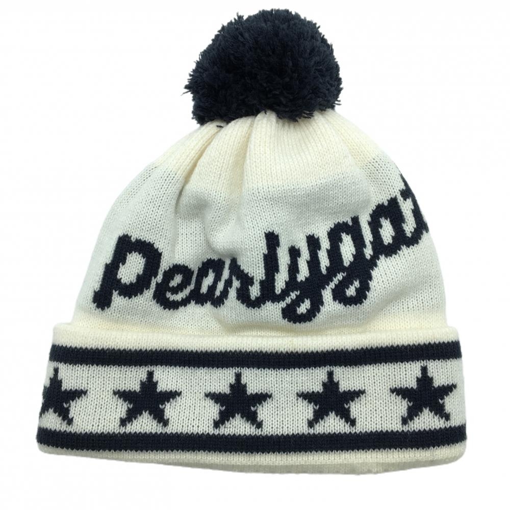 【超美品】パーリーゲイツ ニット帽 白×ネイビー ボンボン付き ロゴ FR   ゴルフウェア PEARLY GATES
