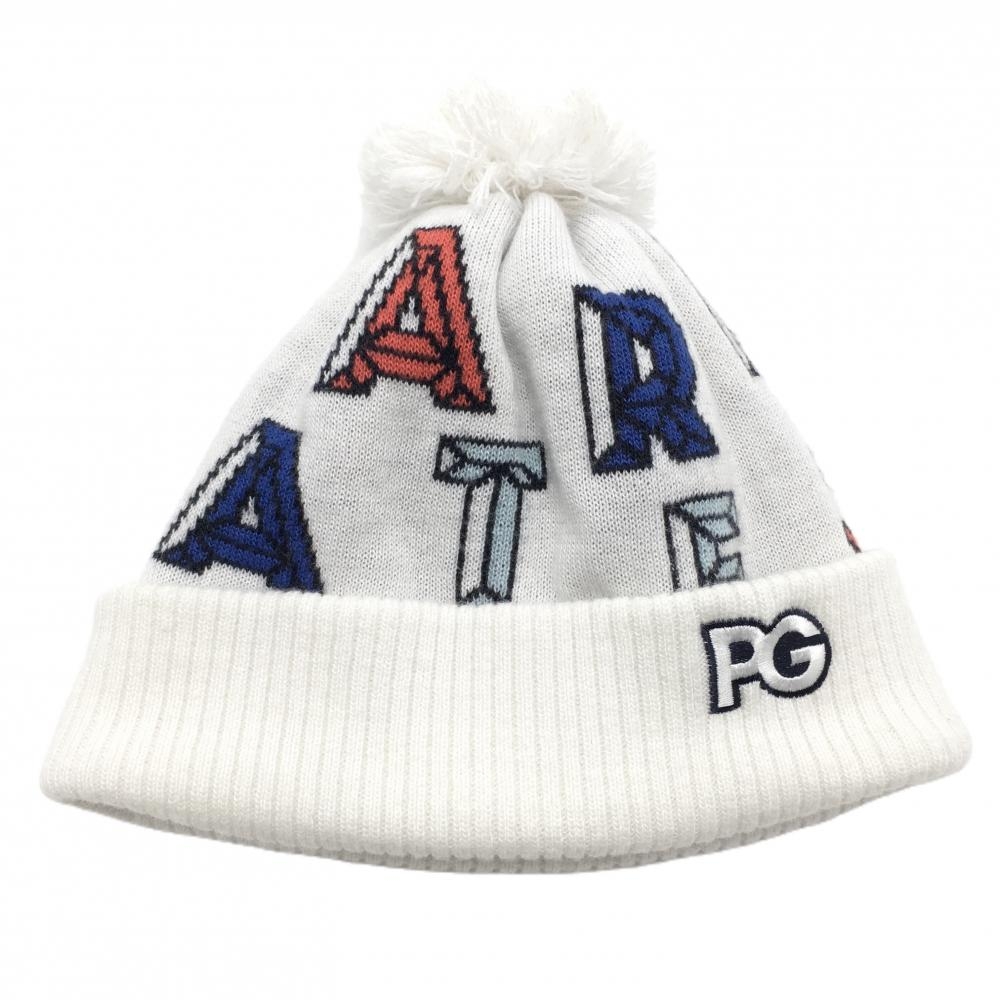 【超美品】パーリーゲイツ ニット帽 白×ライトブルー×レッド ロゴ総柄 ポンポン付 FR   ゴルフウェア PEARLY GATES