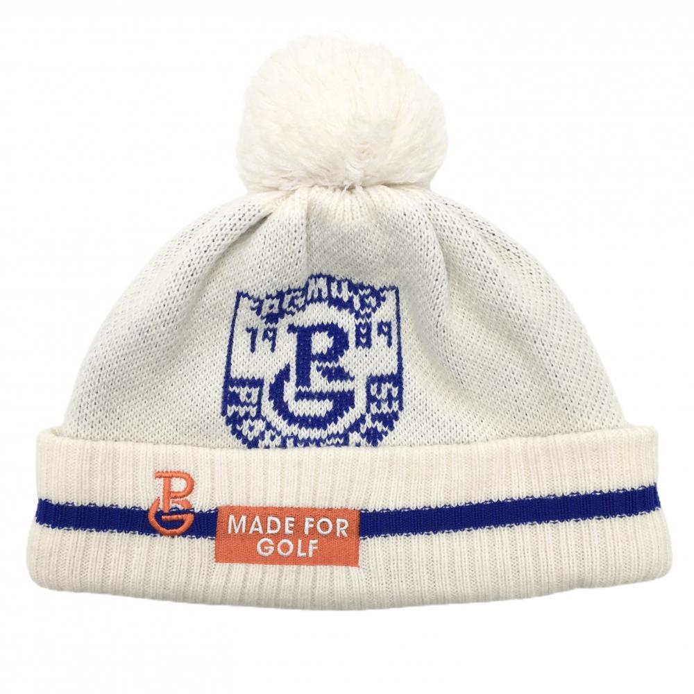 パーリーゲイツ ニット帽 白×ブルー ウール混 ボンボン付  FR   ゴルフウェア PEARLY GATES