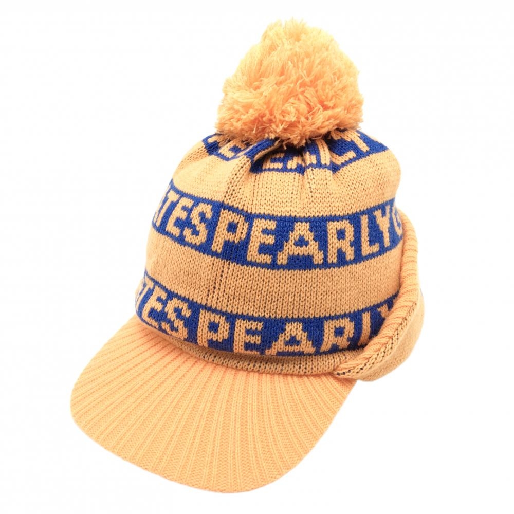 【超美品】パーリーゲイツ つば付ニット帽 オレンジ×ブルー ウール混 耳当て付 ボンボン付 FR   ゴルフウェア PEARLY GATES