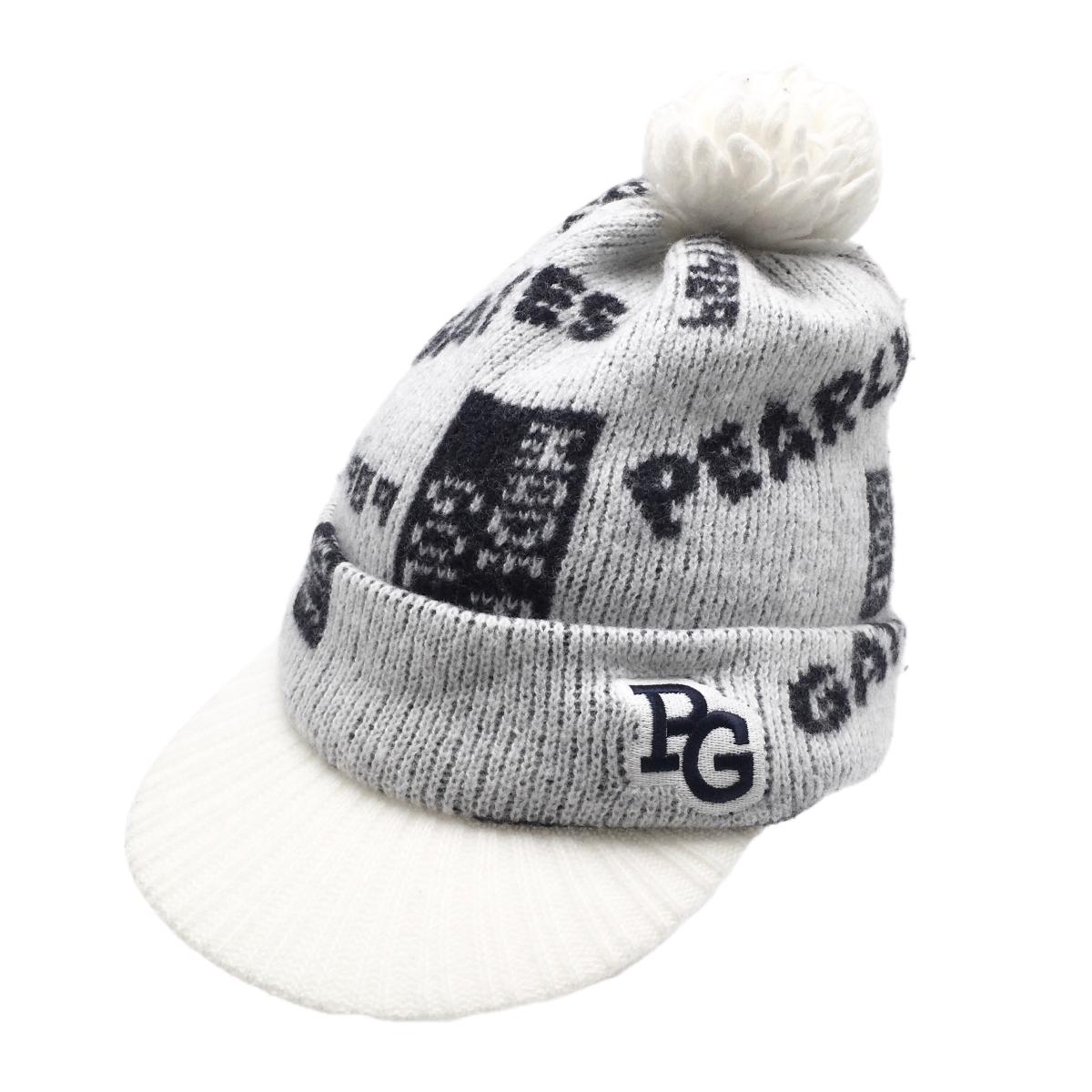 パーリーゲイツ つば付ニット帽 白×黒 ロゴ総柄 FR   ゴルフウェア PEARLY GATES