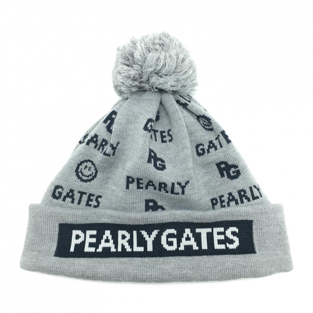 【超美品】パーリーゲイツ ニット帽 ライトグレー×ネイビー ロゴ総柄 ニコちゃん スマイル 裏起毛 FR   ゴルフウェア PEARLY GATES