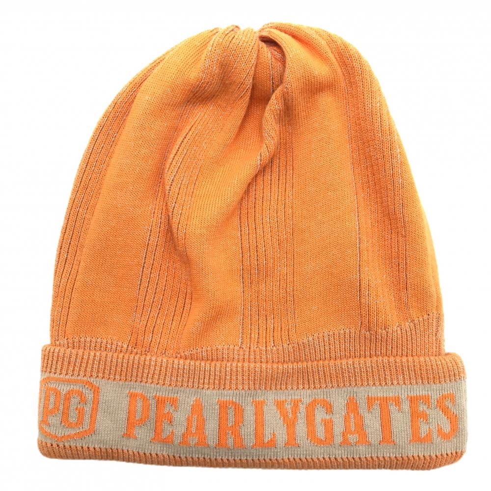 【美品】パーリーゲイツ ニット帽 オレンジ×ベージュ ロゴ コットン混 毛羽立ち少 FR   ゴルフウェア PEARLY GATES