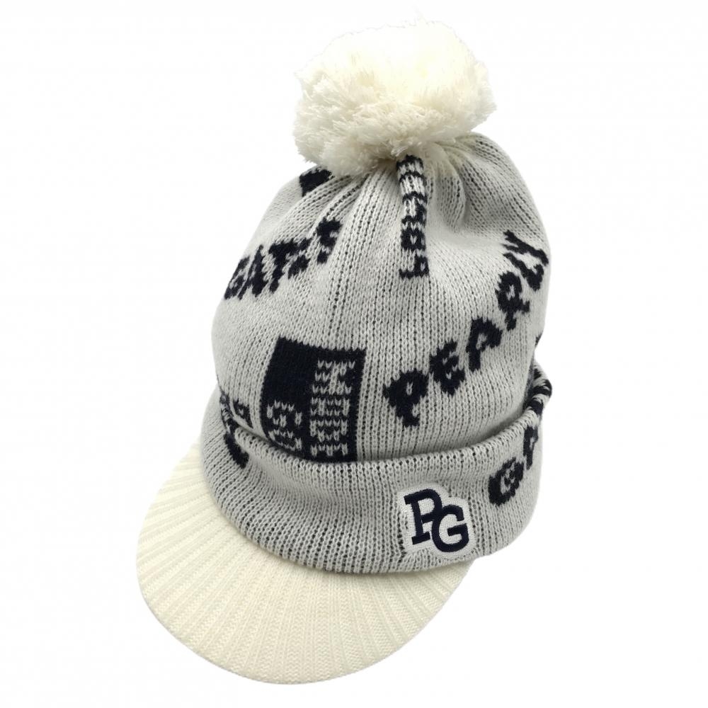 【新品】パーリーゲイツ つば付ニット帽 白×黒 ロゴ総柄 ボンボン付 日本製 FR   ゴルフウェア PEARLY GATES