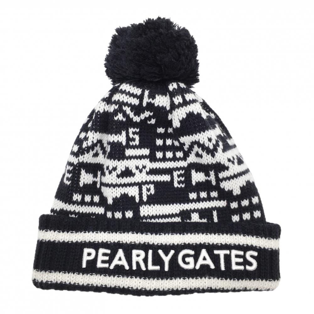 【美品】パーリーゲイツ ニット帽 ネイビー×白 総柄 ボンボン付 ウール混 FR   ゴルフウェア PEARLY GATES
