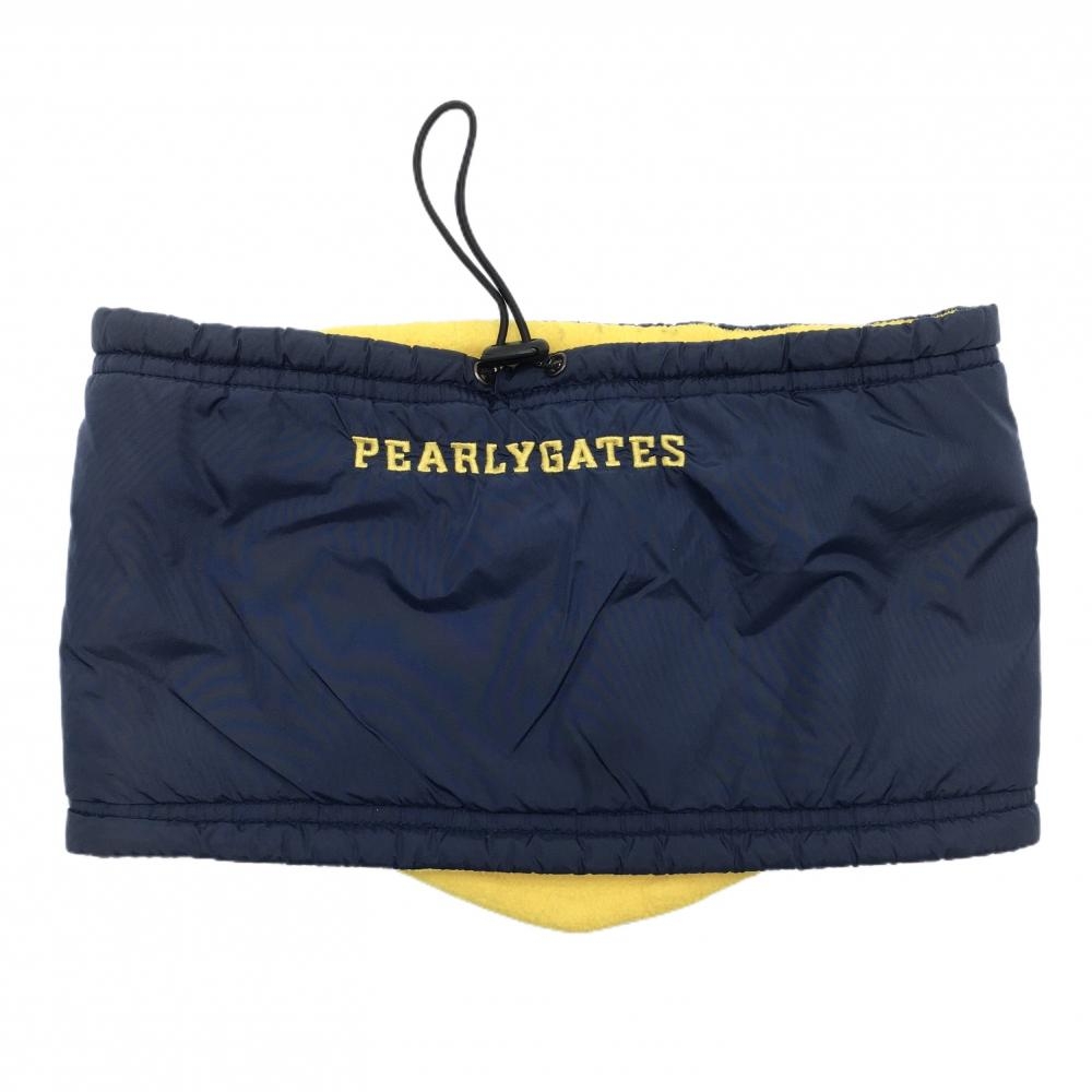 【美品】パーリーゲイツ ネックウォーマー ネイビー×イエロー 内側フリース ドローコード ロゴ FR  ゴルフウェア PEARLY GATES