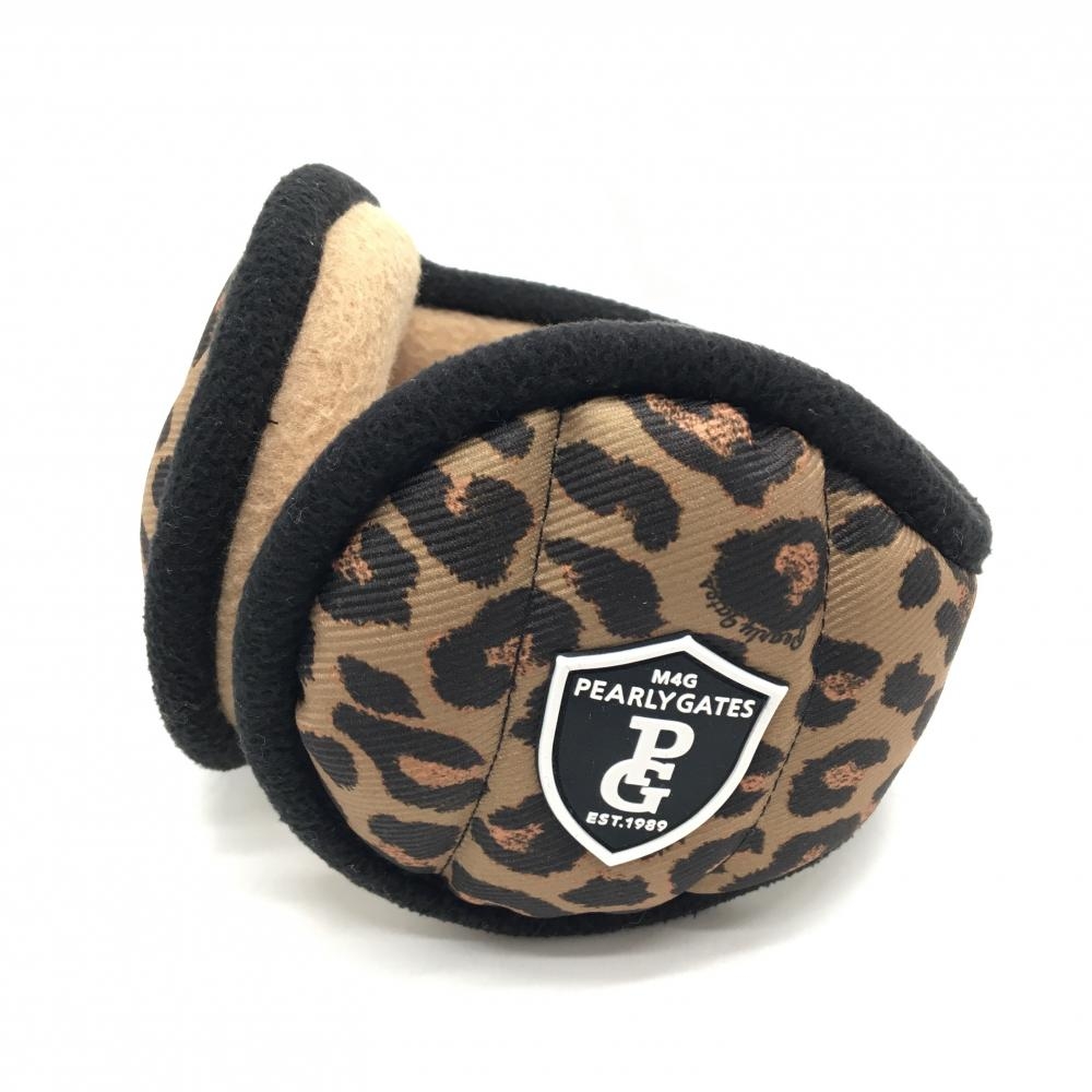 【美品】パーリーゲイツ イヤーマフ 黒×ブラウン系 レオパード 耳当て 裏起毛  ゴルフウェア PEARLY GATES