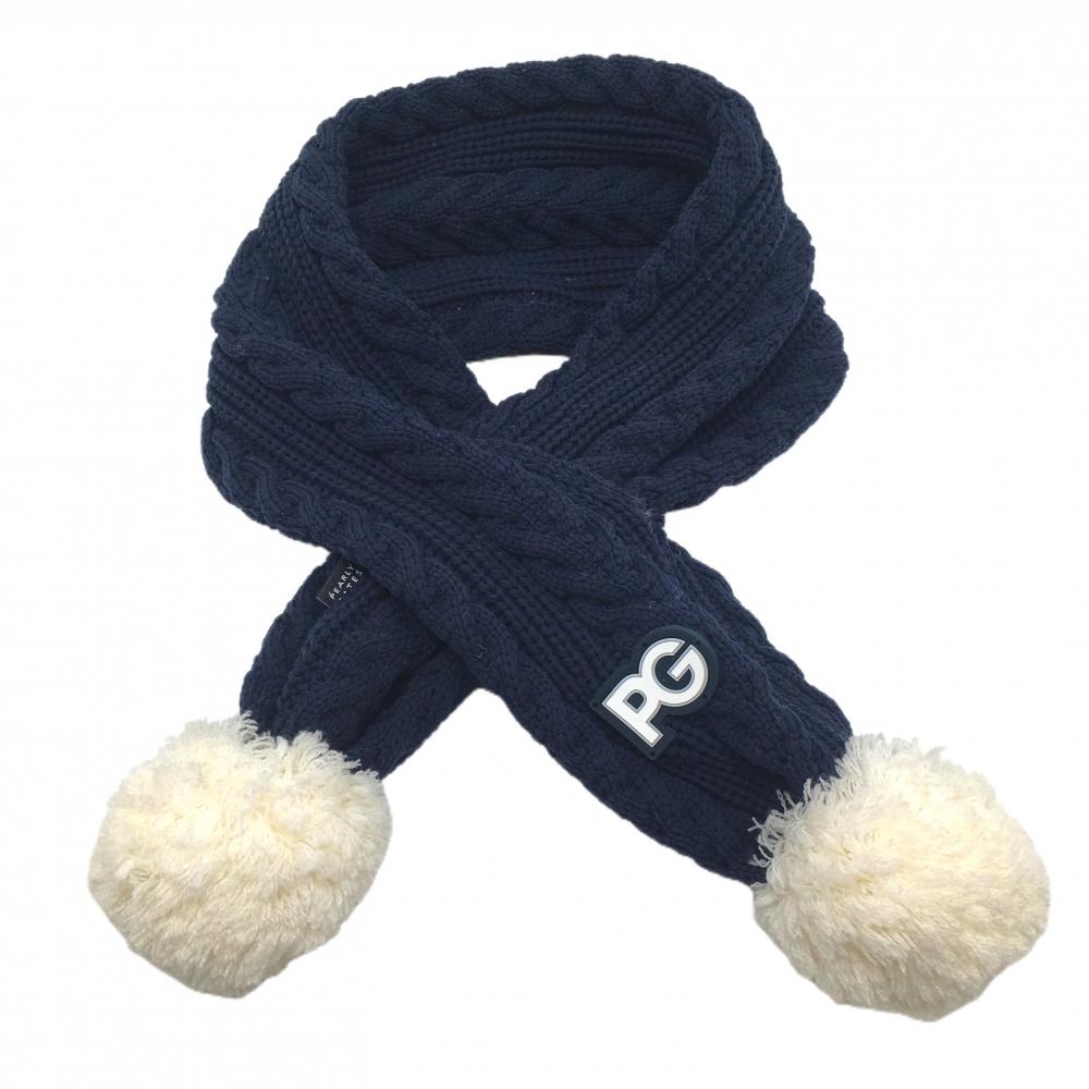【超美品】パーリーゲイツ マフラー ネイビー×白 ケーブル編み ニット ボンボン付   ゴルフウェア PEARLY GATES