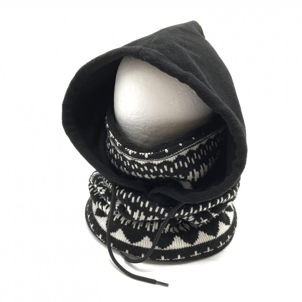 【美品】パーリーゲイツ フード付ネックウォーマー 黒×白 総柄 ニット 裏・フードフリース FR   ゴルフウェア PEARLY GATES