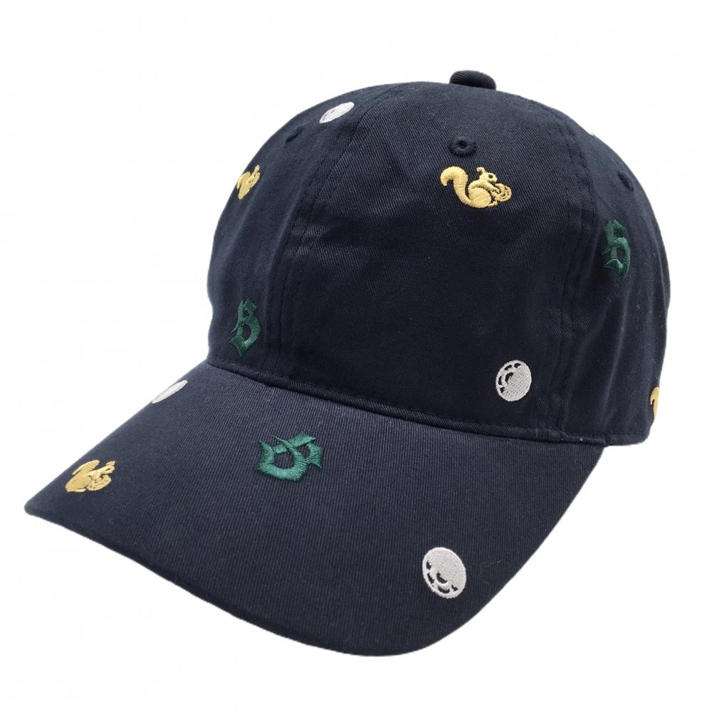 【美品】ビームスゴルフ キャップ ネイビー×グリーン×イエロー 総柄刺しゅう リス    ゴルフウェア BEAMS GOLF