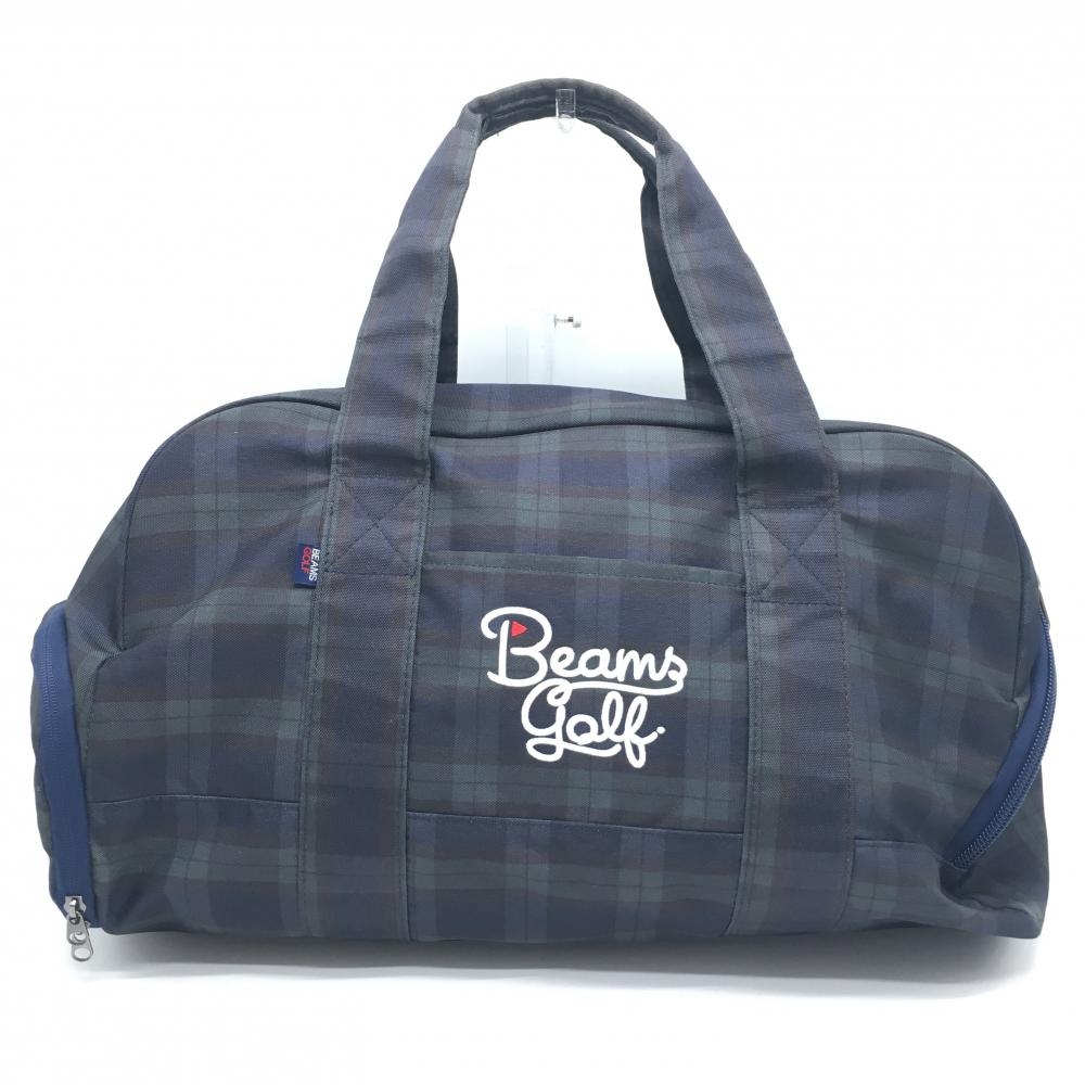 【美品】ビームスゴルフ ボストンバッグ ダークネイビー×グリーン チェック シューズ収納可ゴルフ BEAMS GOLF