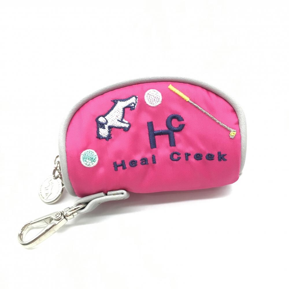 【超美品】ヒールクリーク ボールケース ピンク×ネイビー ティー装着可 ドッグ刺しゅうゴルフ Heal Creek 画像
