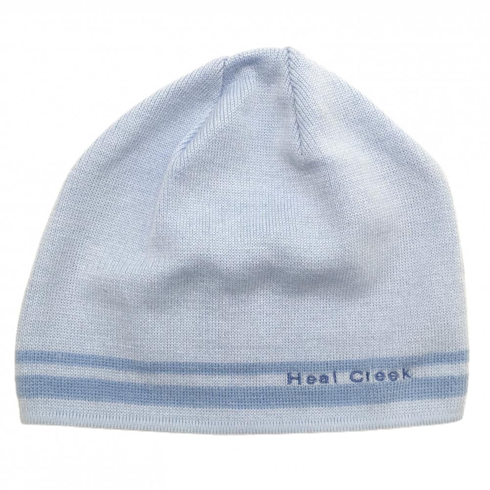 【超美品】ヒールクリーク ニット帽 ライトブルー×ブルー ロゴ刺しゅう 40  ゴルフウェア Heal Creek