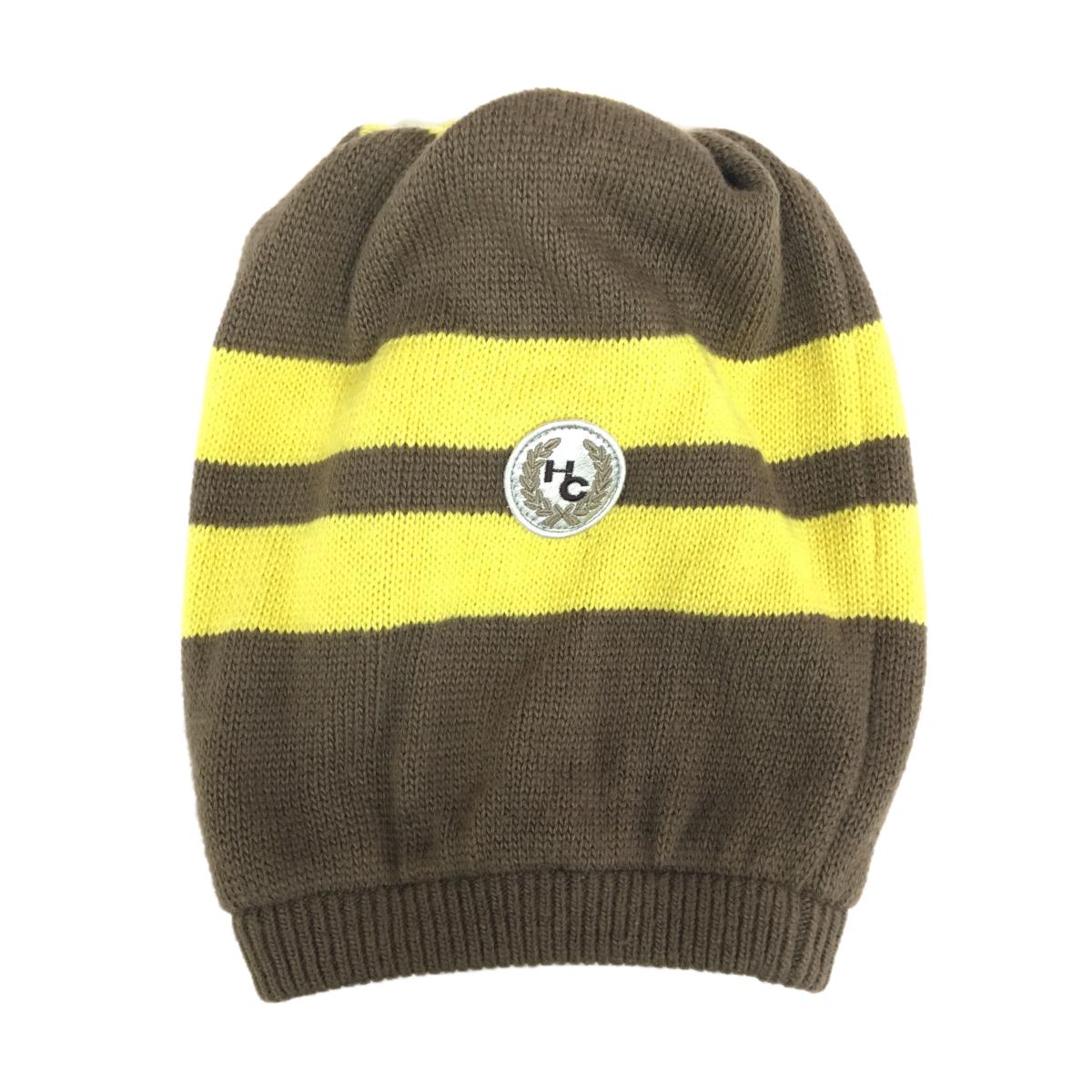 【美品】ヒールクリーク 2WAYニット帽 ブラウン×イエロー ボーダー 裏ケーブル編み リバーシブル   ゴルフウェア Heal Creek