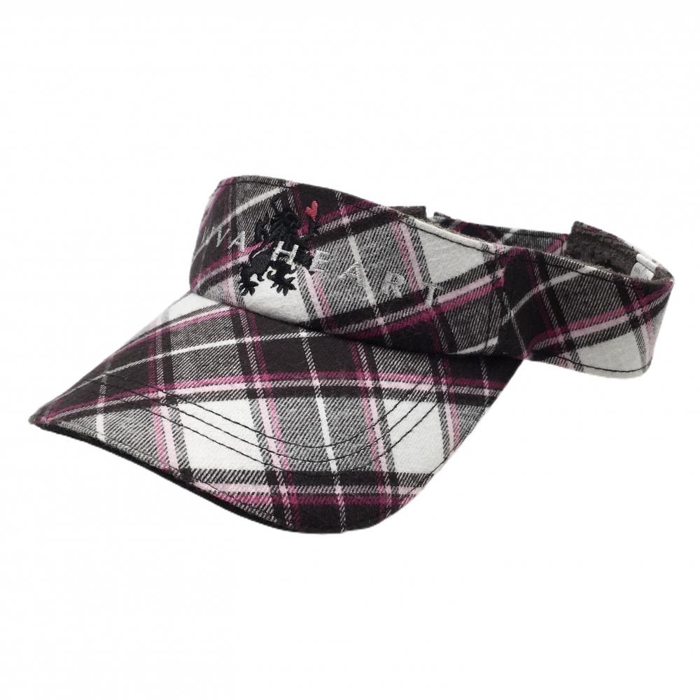 【美品】ビバハート サンバイザー 黒×白×ピンク チェック 微起毛 50  ゴルフウェア VIVA HEART