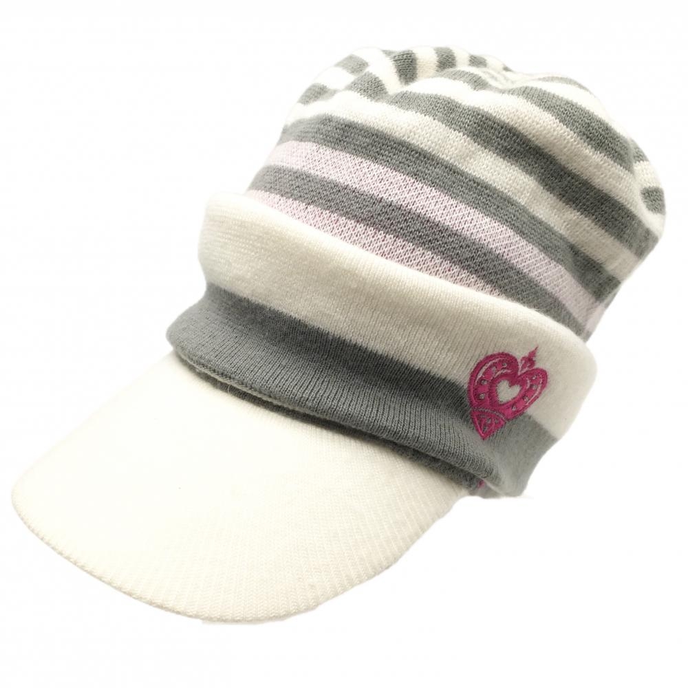 【美品】ビバハート 3WAYつば付きニット帽 白×グレー ボーダー ネックウォーマー 40   ゴルフウェア VIVA HEART