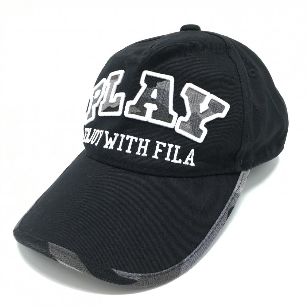 【美品】フィラゴルフ キャップ 黒×グレー つば縁・裏カモフラ 刺しゅう ゴルフウェア FILA GOLF