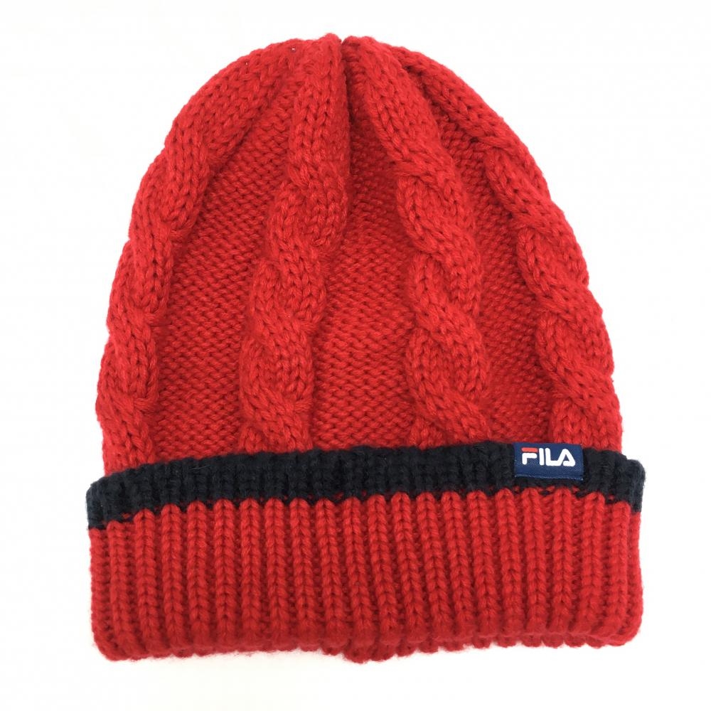 【超美品】フィラゴルフ ニット帽 レッド×ネイビー ケーブル編み ゴルフウェア FILA GOLF