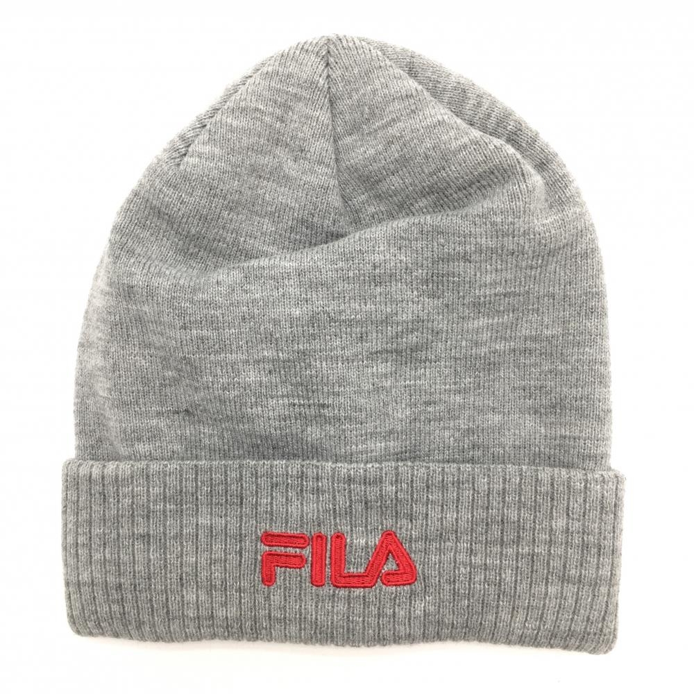 【新品】フィラゴルフ ニット帽 ライトグレー×レッド アクリル100％ ロゴ刺しゅう F ゴルフウェア FILA GOLF