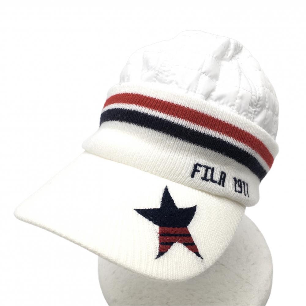【超美品】フィラゴルフ つば付きニット帽 白×ネイビー 一部キルティング 裏地微起毛 ゴルフウェア FILA GOLF