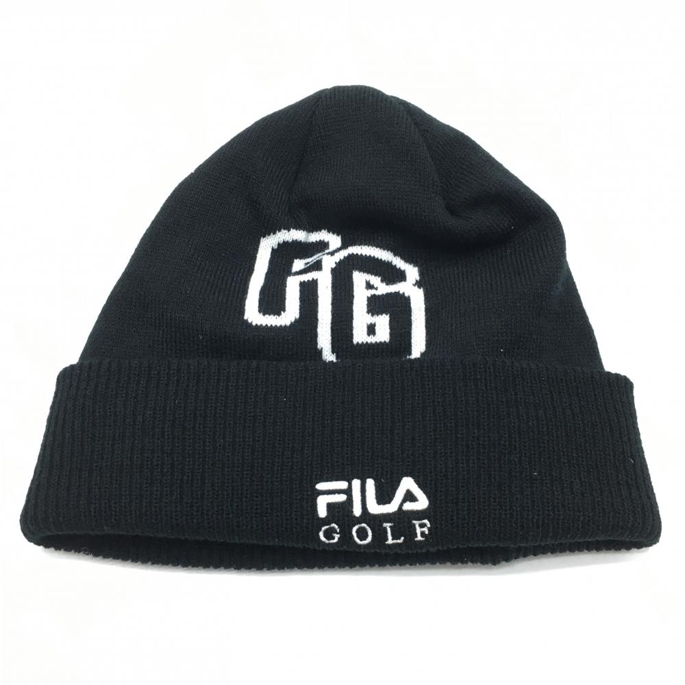【超美品】フィラゴルフ ニット帽 黒×白 裏起毛   ゴルフウェア FILA GOLF
