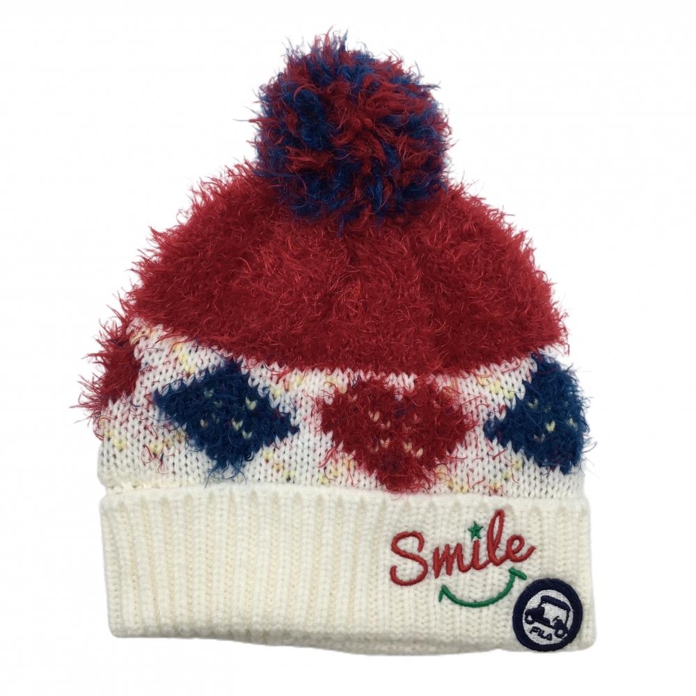 【超美品】フィラゴルフ ニット帽 白×レッド アーガイル柄 シャギーニット ポンポン付  ゴルフウェア FILA GOLF