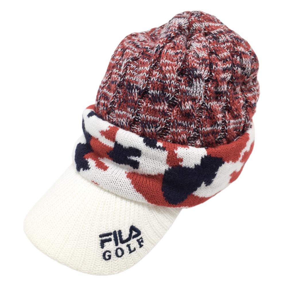 【美品】フィラゴルフ つば付きニット帽 白×レッド×ネイビー 総柄 ロゴ刺しゅう   ゴルフウェア FILA GOLF